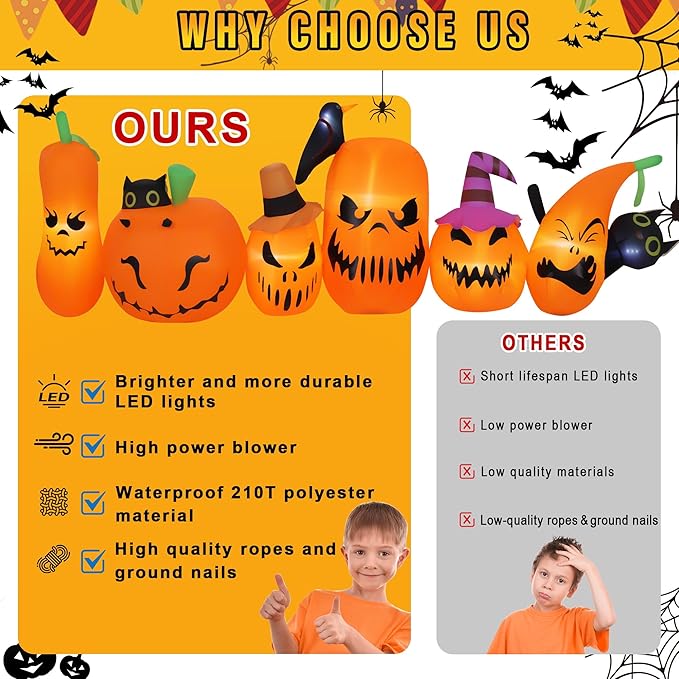 Halloween Inflatables Outdoor Decorations, Blow Ups 6 PCS Pumpkins Black Cat with Build-in LED Lights, Funny Yard Garden Decoration for Halloween Party Indoor Outdoor