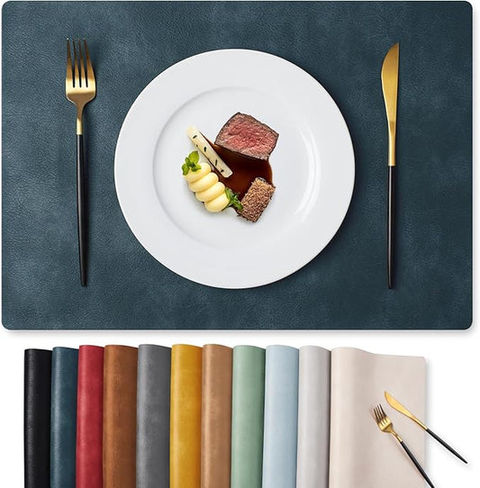 MOSAYT Vinyl Placemats Set of 8-12 X 17 Inch - Faux Leather 100% Waterproof Oil-Proof Wipeable PU Place Mats, Heat Resistant Reversible Table Mats for Kitchen, Dining, Outdoor (Navy Blue)
