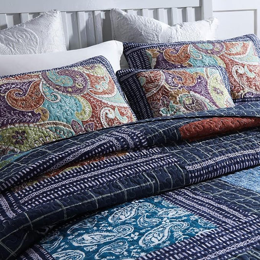mixinni 100% Cotton Gorgeous Floral Quilt Set, King Size Quilted Bedding Set, Boho Reversible Navy Blue Patchwork Paisley Pattern Bedspread Coverlet Set with 2 Pillow Shams for All Seasons (106"x98")