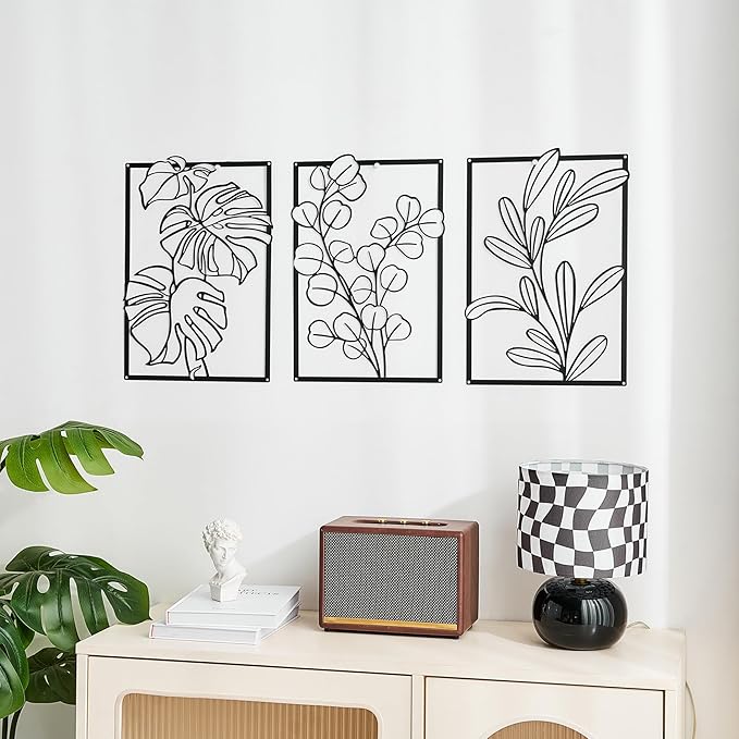 FUNTEREST 3 Pieces Black Metal Wall Art Decor Modern Minimalist Floral Single Line Living Room Wall Decor Abstract Wall Hanging Decor for Kitchen Office Bedroom Bathroom (Floral C)