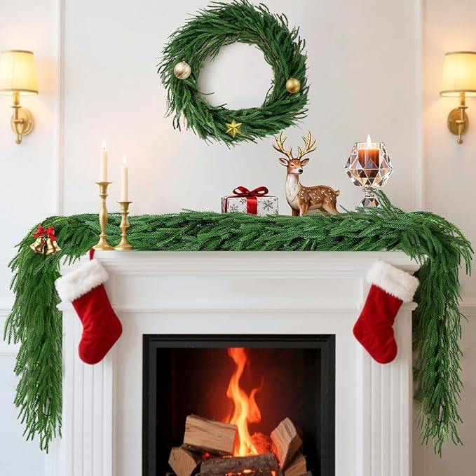 2 Pcs 6 FT Norfolk Pine Garland Artificial, Realistic Christmas Greenery for Mantle Table Wall, Real Touch Winter Pine Garland for Christmas Indoor Outdoor Decor