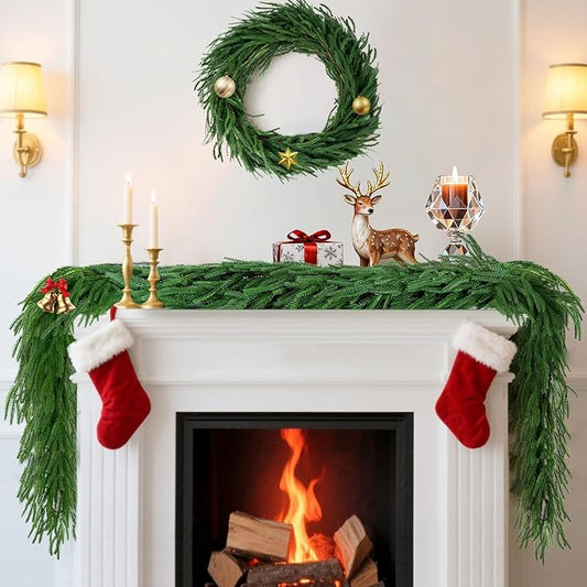 2 Pcs 6 FT Norfolk Pine Garland Artificial, Realistic Christmas Greenery for Mantle Table Wall, Real Touch Winter Pine Garland for Christmas Indoor Outdoor Decor
