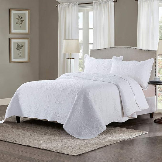 HoneiLife Oversized Queen Bedspreads 110x106- Queen Size Quilt Bedding Sets 3-Piece, Paisley Coverlets Lightweight Bedlinen Set for All Season Use-White
