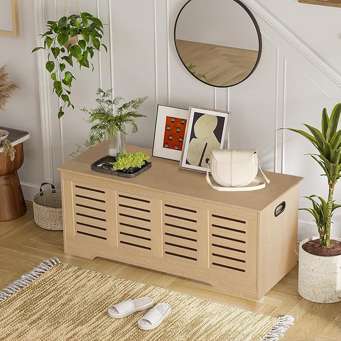 DINZI LVJ Storage Chest, 47.3”Wooden Storage Box with 2 Safety Hinges, Entryway Shoe Bench with Flip-Top, Farmhouse Style Trunk for Living Room, Bedroom, Play Room, Easy Assembly, Natural