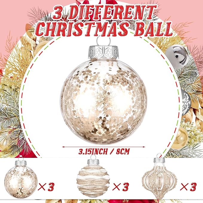 9 Pcs 3.15" Clear Christmas Ball Ornaments Xmas Ball Decorations Set Shatterproof Decorative Hanging Ornaments for Christmas Tree Home Wedding Party Office Decor(Champagne)