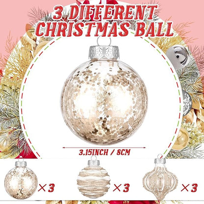 9 Pcs 3.15" Clear Christmas Ball Ornaments Xmas Ball Decorations Set Shatterproof Decorative Hanging Ornaments for Christmas Tree Home Wedding Party Office Decor(Champagne)