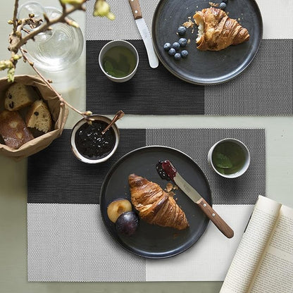 HeloHo Placemats Set of 4 Black and White Grid PlacematsPlacemats Washable Vinyl Woven Table Mats Wipeable Dining Placemat for Kitchen Dining Table Decoration Indoor Outdoor