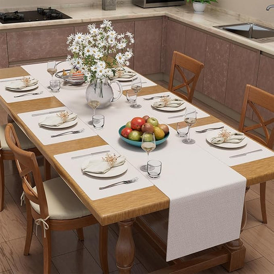 homing Cotton Linen Placemats Set of 6 and Table Runner 90" Long, Neutral Beige Washable Cloth Place Mats with Table Runner for Indoors & Outdoors, Easy to Clean