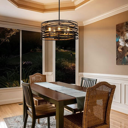 19.7'' Farmhouse Dining Room Light Fixture, 5-Light Metal Drum Chandelier, Black with Retro Wood Texture Interior