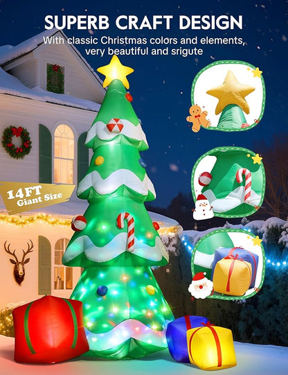 Dawdix 14FT Christmas Tree Inflatable Outdoor Decoration, Giant Christmas Inflatables Tree with 3 Gift Boxes, Lighted Christmas Decoration for Yard, Blow Up Xmas New Year Lawn Decor