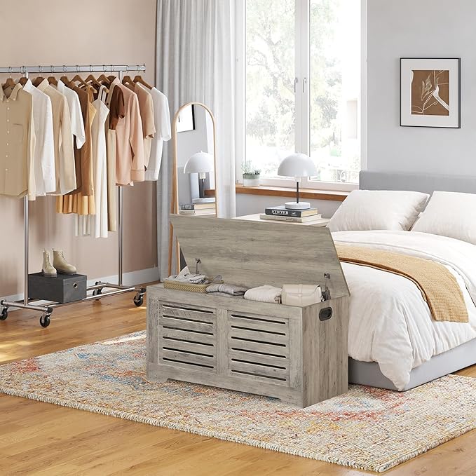 DINZI LVJ Storage Chest, Flip-Top Wooden Toy Box with 2 Safety Hinges, Entryway Shoe Storage Bench, Good Ventilation, Storage Trunk for Living Room, Bedroom, Easy Assembly, Grey Wash