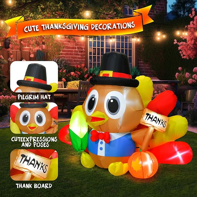 BOHON 5.3 FT Long Inflatable Turkey Outdoor Thanksgiving Decoration with Colorful Big Tail & Pilgrim Hat, Built-in LED Lights, Blow Up Yard Decoration for Yard Indoor Party Garden Lawn Decor