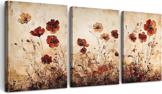 DZRWUBHS Boho Wall Art For Living Room Minimalist Wall Decor For Bedroom Vintage Flowers Pictures Office Decorations Bathroom Canvas Prints Modern Aesthetic Home Decor Artwork 3 Piece Ready To Hang