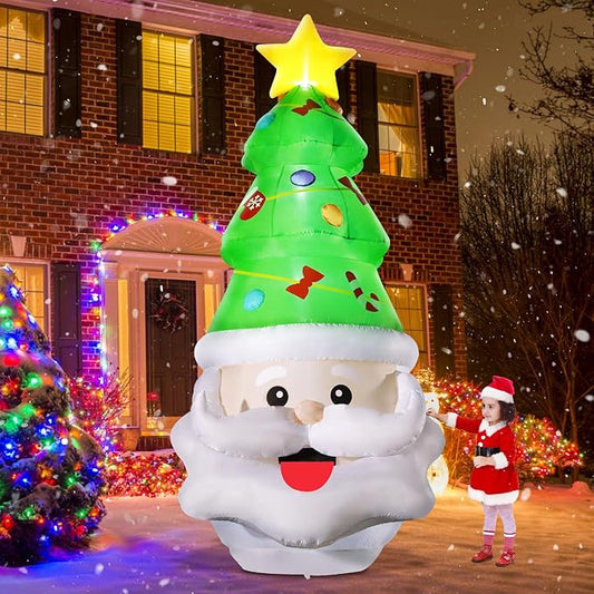 DomKom 8FT Christmas Inflatable Santa Claus and Tree Decoration, Built-in LED Lights Blow Up for Party Lawn Holiday Winter Outdoor Decor