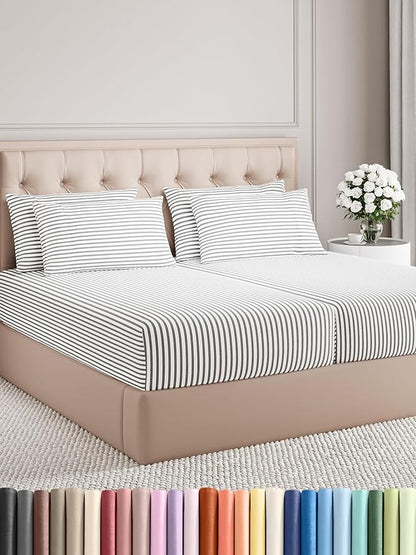 CGK Linens Split King 7 Piece Sheet Set - Cooling Sheets for Hot Sleepers - Hotel Luxury Bedding Set w/ 8-16 Inch Deep Pockets - 1 Flat & 2 Fitted & 4 Pillowcases - Soft & Wrinkle Free - Beige Stripes