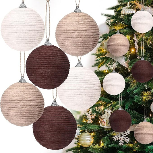 Syhood 6pcs Christmas Ball Ornaments Boho Farmhouse Jute Rope Hanging Xmas Balls Burlap Neutral Rustic Ornaments for Xmas Tree Holiday Wreath Garland (3.15 Inches,White,Beige,Dark Brown)