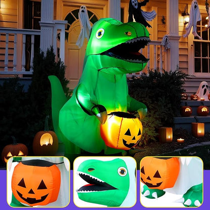 6 FT Halloween Inflatables Dinosaur Outdoor Decorations Ghost Dinosaur with Pumpkin Inflatables Decoration with Built in LEDs for Halloween Party Yard Lawn Garden Decor