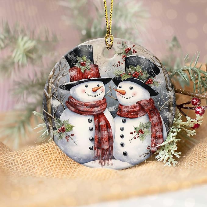 Snowman Couple Ornament Round Ceramic Ornaments Xmas Keepsake for Christmas Tree Winter Holiday Xmas Gift for Women Men Xmas Hanging Ornament 3"