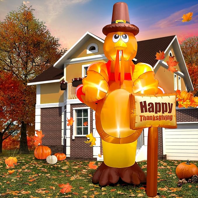 9FT Thanksgiving Turkey Inflatable with LED Light, Kalolary Fall Turkey Blow up Inflatable Happy Thanksgiving Day Outdoor Decoration Autumn Lawn Yard Inflatable for Harvest Day Home Thanksgiving Party