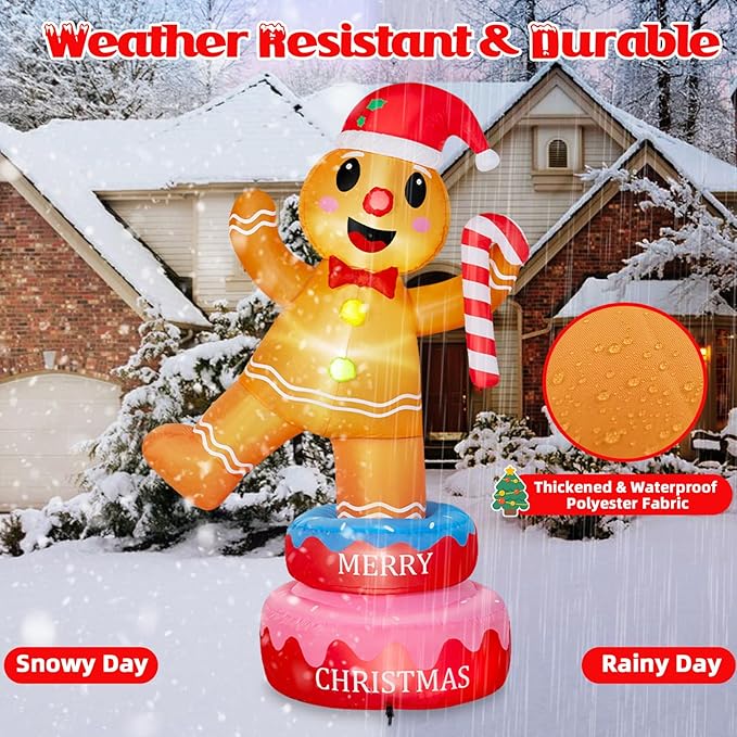 B&D 6FT Christmas Inflatables Outdoor Decorations, Rotating Christmas Inflatable Gingerbread Man Stands on The Turntable Lighted Christmas Blow Up Yard Decorations for Xmas Party Garden Lawn Decor