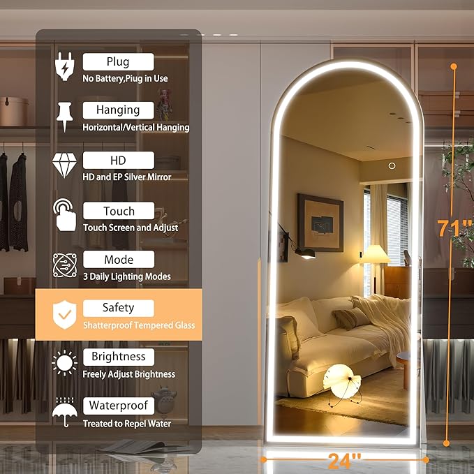 Hasipu 71" x 24" Led Mirror Full Length, Full Length Mirror with Lights Arch Design, Full Length led Mirror,Tempered Glass,Shatter-Proof, Dimming & 3 Color Modes for Bedroom Cloakroom-UL