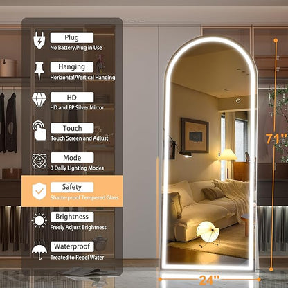 Hasipu 71" x 24" Led Mirror Full Length, Full Length Mirror with Lights Arch Design, Full Length led Mirror,Tempered Glass,Shatter-Proof, Dimming & 3 Color Modes for Bedroom Cloakroom-UL