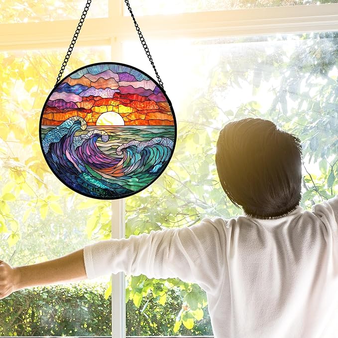Stained Glass Window Hanging, Clouds and Sea Waves Suncatcher Diamond Glass Panel Hangings Scenery Sun Catchers Decor for Birthday for Women, Men, Wife, Aunt, and Mom 9.8 in