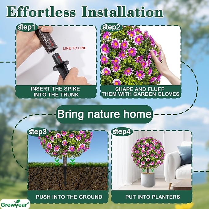Artificial Topiary Ball with Ground Spike Set of 2, Faux Boxwoods for Outdoor Planters, UV Resistant Artificial Outdoor Plants for Porch, Fake Bushes Round Shrub with Purple Sunflower