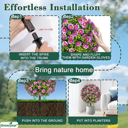 Artificial Topiary Ball with Ground Spike Set of 2, Faux Boxwoods for Outdoor Planters, UV Resistant Artificial Outdoor Plants for Porch, Fake Bushes Round Shrub with Purple Sunflower