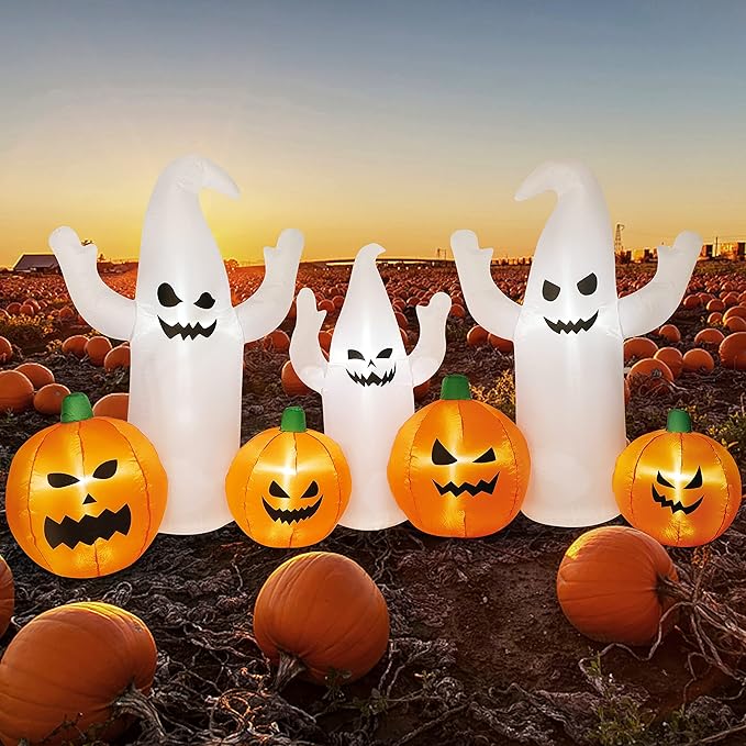 SAND MINE 8 FT Long Lighted Halloween Inflatable Ghosts with Pumpkins, Halloween Blow Up Decorations for Halloween Indoor Outdoor Garden Lawn Party Yard Decorations