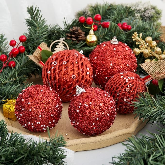 3.15" Christmas Ball Ornaments Glitter Shatterproof Christmas Tree Ornaments Sequin Xmas Hanging Balls Decorations for Wedding Party Holiday(Red, 12pc-8cm)