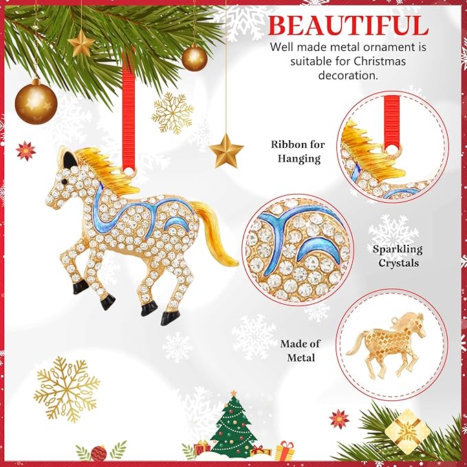 WhatSign Horse Christmas Ornament - Metal Horse with Rhinestones, Farmhouse Style, Perfect for Christmas Tree, Holiday Gifts for Daughter or Son