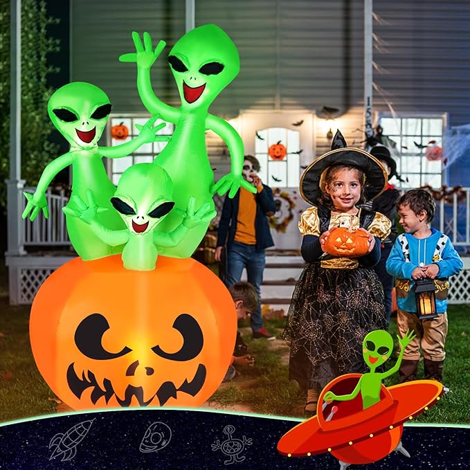 CAMULAND 6FT Halloween Inflatable Pumpkin Alien Decorations Outdoor,Halloween Inflatable Blow Up Decor with Built-in LED Lights Outdoor Inflatable Decoration for Garden, Lawn, Yard, Party 6FT Hall