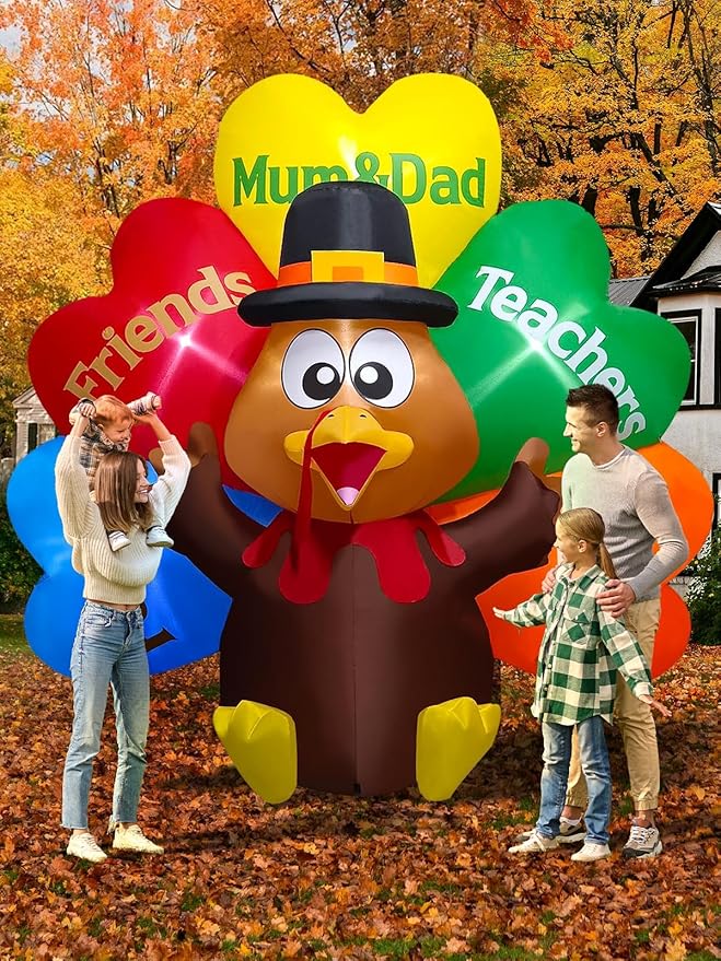 Kalolary 8FT Thanksgiving Inflatables Decorations,Giant Turkey Inflatables with Pilgrim Hat &Colorful Tail Fall Blow Up Yard Decorations with Build-in Lights for Garden Lawn Outdoor Thanksgiving Decor
