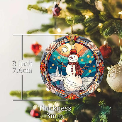 Snowman Ornaments Round Ceramic Stained Glass Style Ornament Christmas Keepsake Decor for Christmas Tree Winter Holiday Xmas Gift for Women Men Hanging Ornament 3"