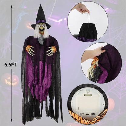 Prsildan 6.6FT Hanging Witch Halloween Decorations Outdoor, Animated Talking Witches with Color-Changing LED Eyes & Scary Sounds, Touch & Sound Sensor Halloween Decor for Yard Porch Haunted House