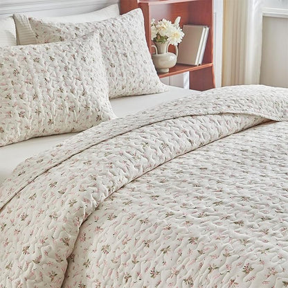 mixinni Floral Quilt Set King Cute Pink Flower Printed Quilted Bedding Set, Soft Aesthetic Floral Lightweight Bedspread Coverlet Set with Shams for All Season-(92"x106", 1 Quilt+ 2 Pillow Shams)