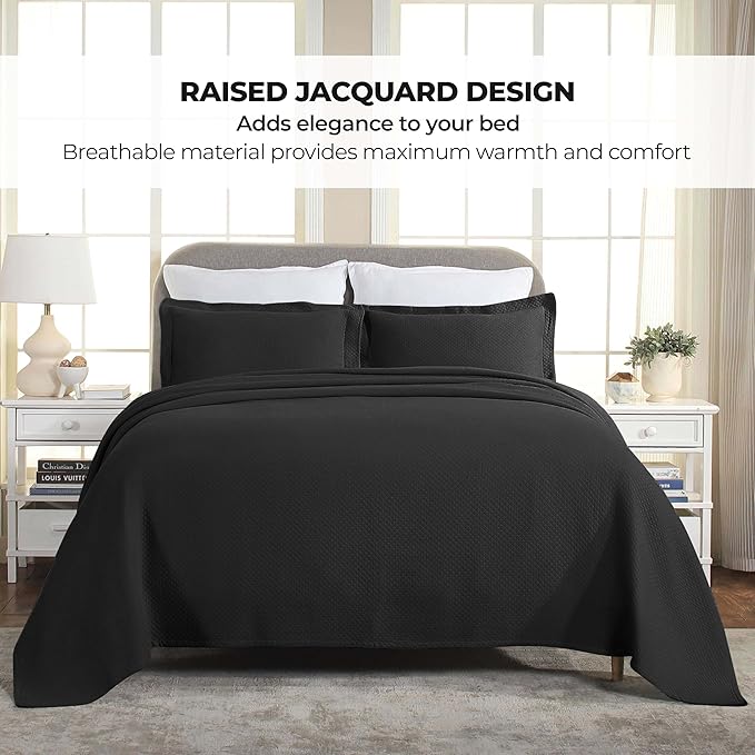 Superior Solitaire Cotton 3 Piece Bedspread Set, Home Bed Decor, Decorative Textured Bed Spread, 2 Pillow Shams, Airy Blanket, Matelasse Coverlet Bedding, All-Season Accent Blanket, Full, Black