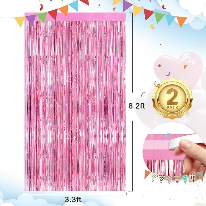 Glitter Pink Party Streamers 2Pack Glitter Foil Fringe Curtain 3.3 x 8.3ft Pink Party Decor Photo Booth Streamers Metallic Tinsel Door Streamer for XmasThanksgiving Engagement Party Decors Streamers