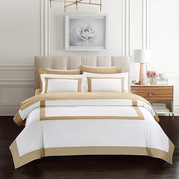 Casabolaj Bicolore Collection 3 Pieces Duvet Cover Set 100% Egyptian Cotton Sateen 400 Thread Count Classic Queen King-Frame Patchwork Manufacturing-White/Beige Color (Full)