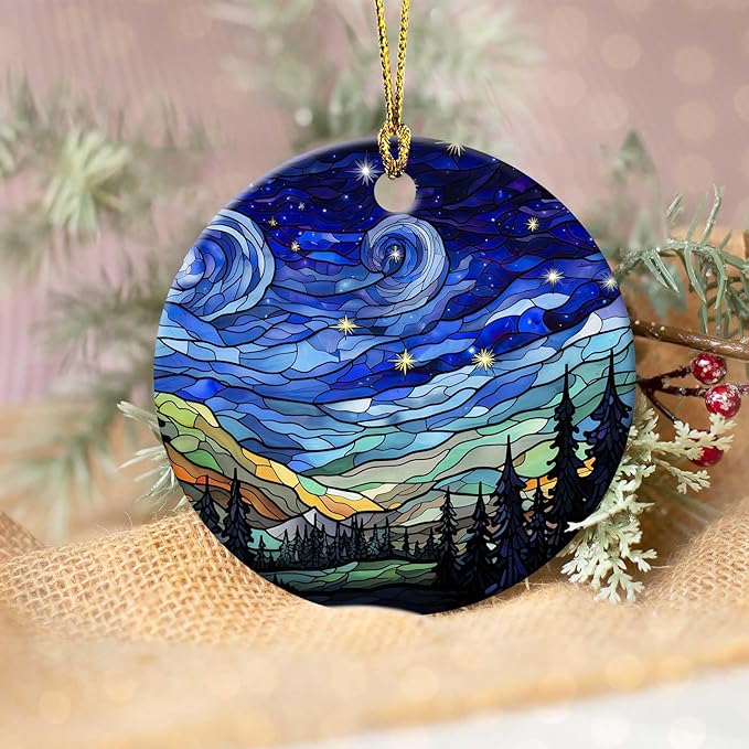 Starry Night Ornament Round Ceramic Ornament Xmas Keepsake for Christmas Tree Winter Holiday Xmas Gift for Women Men Xmas Hanging Ornament 3" #1