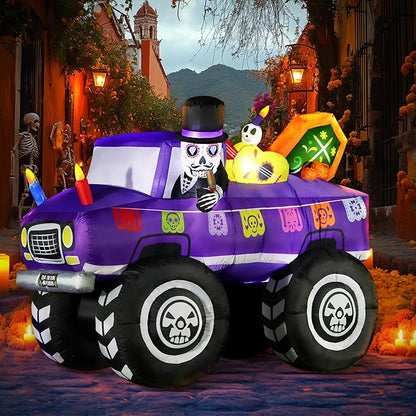 7FT Halloween Inflatable Blow Up Decorations, Dia de Los Muertos Day of Dead Catrina Skulls Monster Truck, Built-in LEDs for Holiday Party, Garden, Lawn, Yard, Patio Décor
