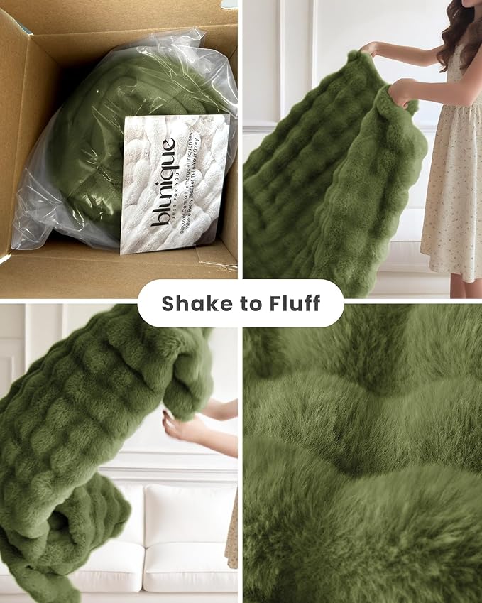 Ultra Soft Cozy Faux Fur Throw Blanket, Fuzzy Plush Thick Bubble Blanket, Oversize Luxury Fluffy Blanket for Couch, Sofa, Bedroom, and Living Room,50x60 Inches,Sage