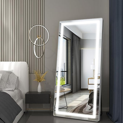 FENNIO Full Length Mirror with Lights, 71"x32" LED Full Body, Free Standing Lighted Floor Mirror, Wall Mounted Hanging Mirror for Bedroom, Salon, 3-Color Lighting [Tempered Glass]