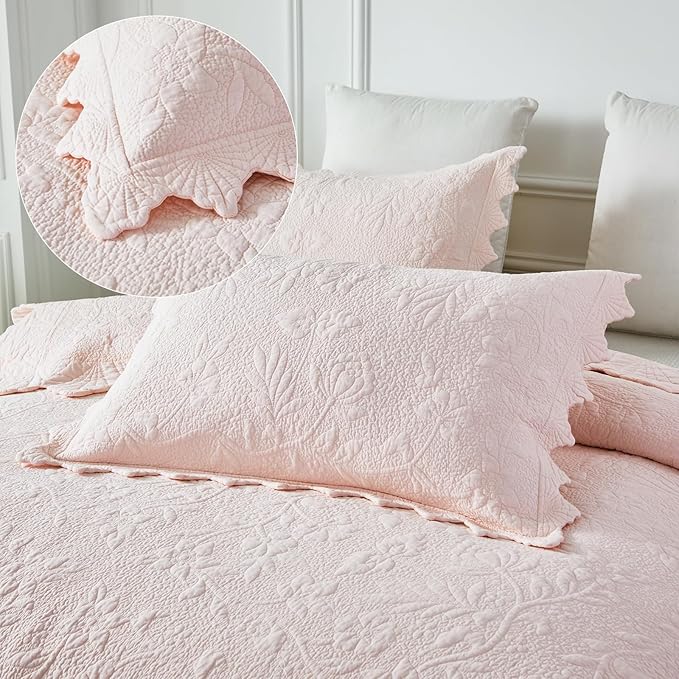 Brandream Queen Size Quilt Set Cotton Light Pink Quilts Farmhouse Bedding Set Matelasse Coverlet Set Scalloped Edge Quilts 3-Piece