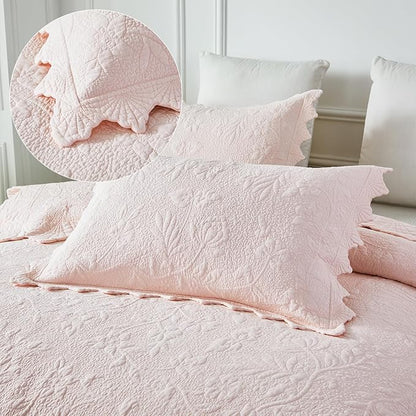 Brandream Queen Size Quilt Set Cotton Light Pink Quilts Farmhouse Bedding Set Matelasse Coverlet Set Scalloped Edge Quilts 3-Piece