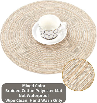 SHACOS Round Braided Placemats Set of 8 Cotton Fabric Round Table Mats Non Slip Washable 15 inch Round Place Mats (Beige, 8)