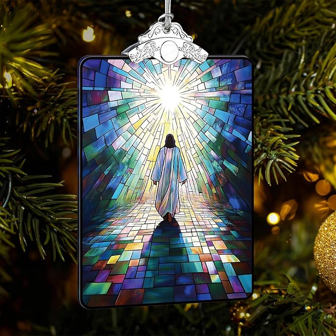 Jesus Walking to Light Stained Glass Ornament, Religious Christmas Tree Hanging Decoration for Gift Exchange or Stocking Stuffer, 3.8 x 2.4 Inch