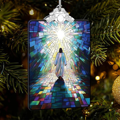 Jesus Walking to Light Stained Glass Ornament, Religious Christmas Tree Hanging Decoration for Gift Exchange or Stocking Stuffer, 3.8 x 2.4 Inch
