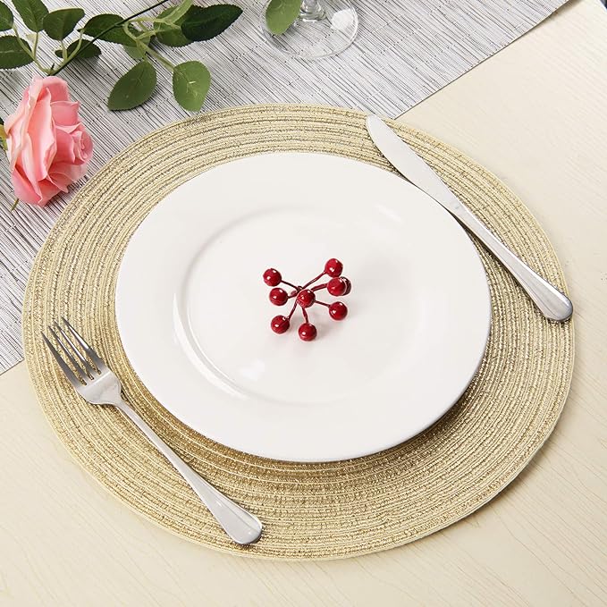 SHACOS Golden Glitter Round Braided Placemats Set of 6 Bling Circle Place Mats Washable Table Mats for Holiday Party Wedding Shower (6, Gold)